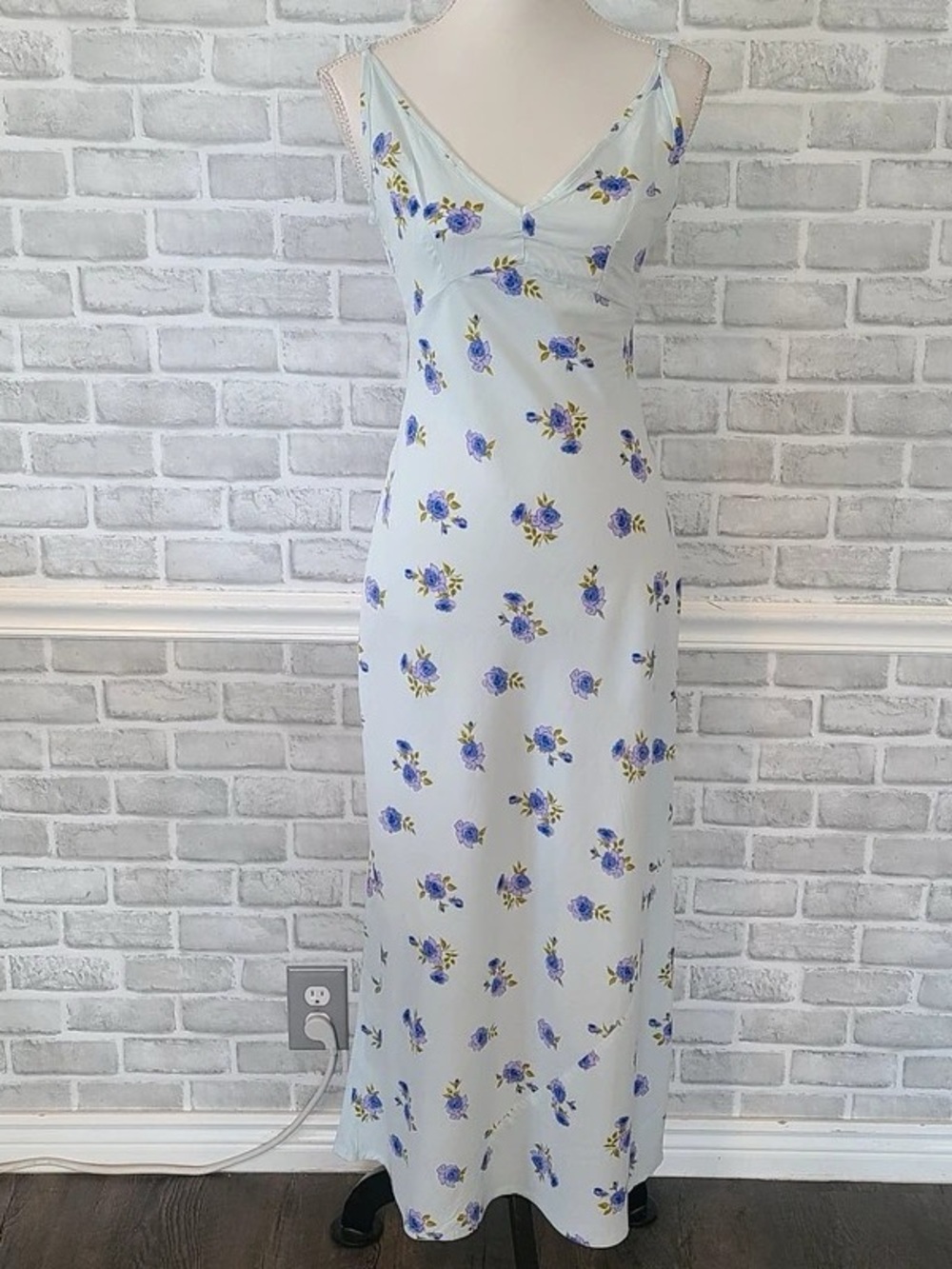 Light Blue Floral Maxi Slip Dress with Blue Rose Motif